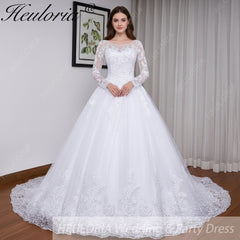 HEULORIA Princess Ball Gown Wedding Dress long sleeve bride dress O neck plus size robe de mariee Lace beading Bridal Gown BA-550