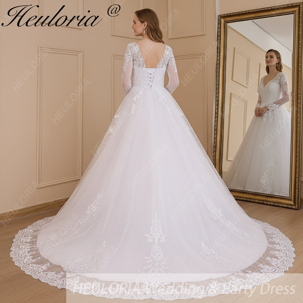 HEULORIA Princess Ball Gown Wedding Dress long sleeve sweetheart plus size robe de mariee Lace beading bride dress court train BA-640
