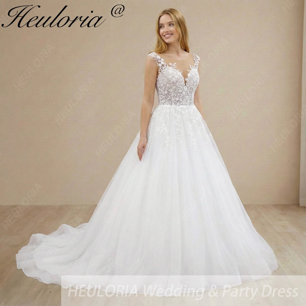 HEULORIA Ethereal Illusion V-Neck Floral Lace Wedding Dress - Shimmer Tulle A-Line Bridal Gown AL-1099