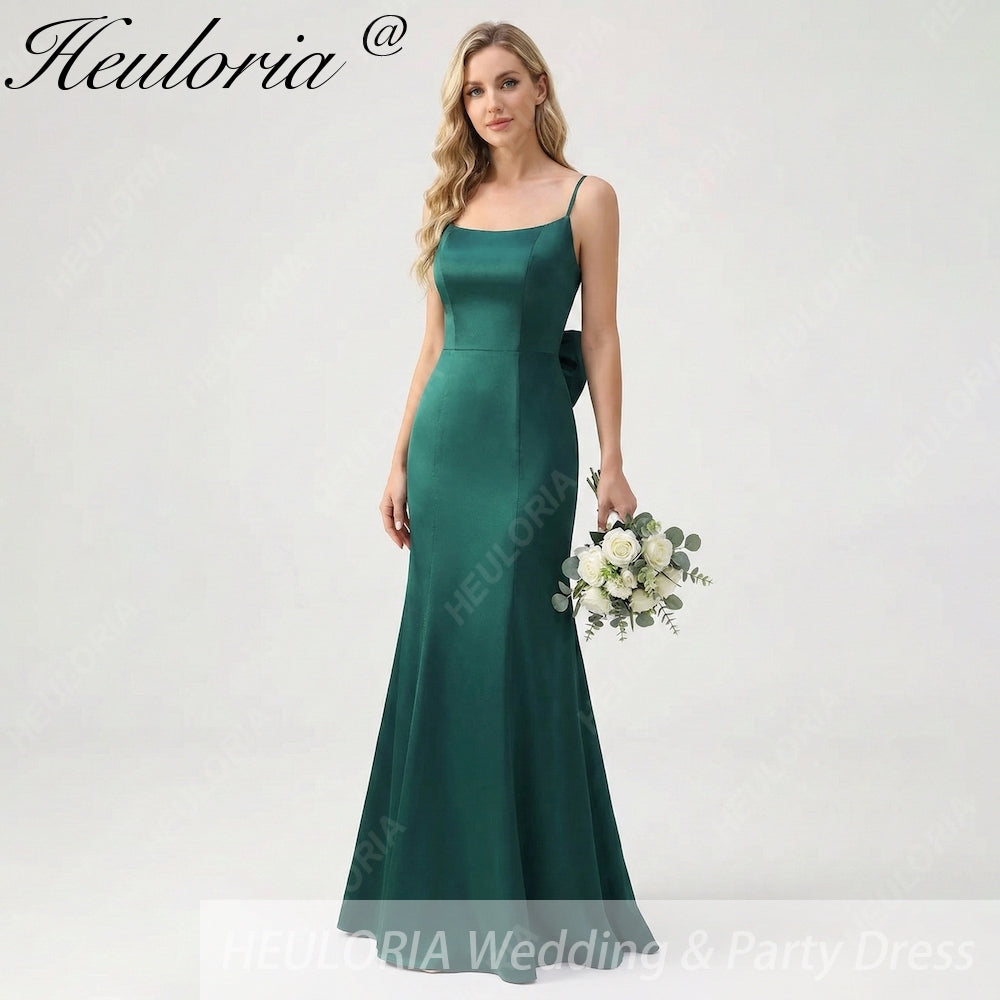 HEULORIA Elegant Satin Mermaid Evening Gown - Square Neck Spaghetti Strap with Oversized Bow & Cascading Ruffles ED-264 Image principale du produit