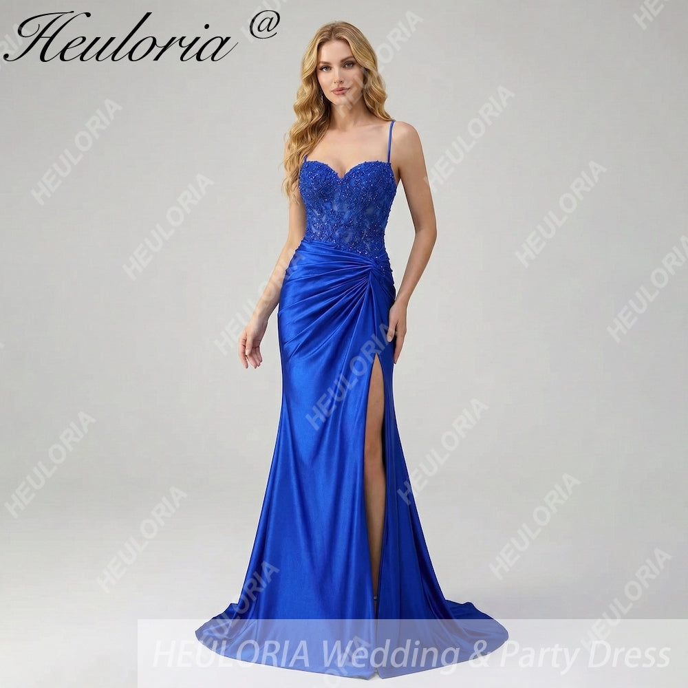 HEULORIA Sequin Lace Corset Satin Gown: High Slit Lace-Up Back Evening Dress ED-215