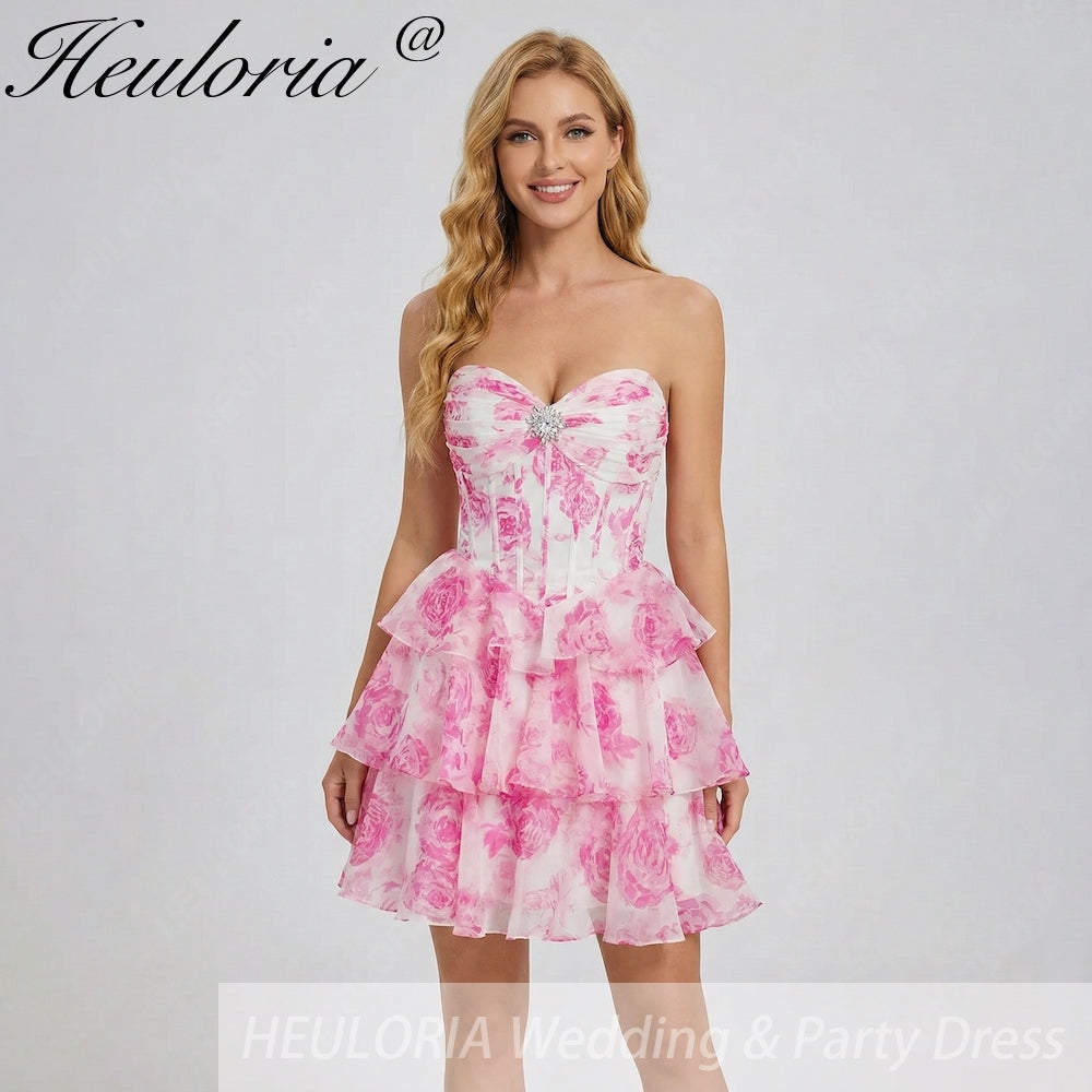 HEULORIA Enchanting Floral Print Strapless Tiered Ruffle Mini Dress - Corset Bodice with Crystal Brooch ED-291
