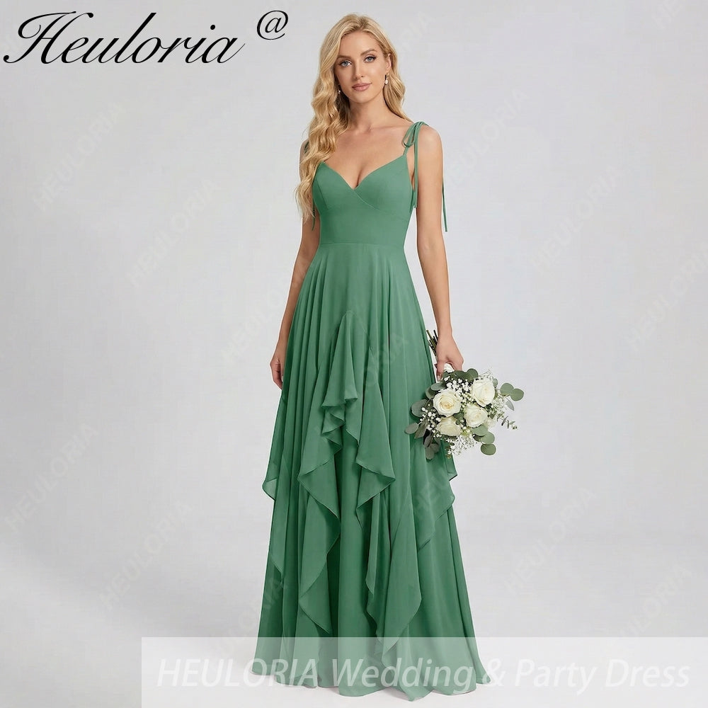 HEULORIA Elegant Cascading Ruffle Chiffon Bridesmaid Dress - Tie-Shoulder V-Neck Maxi Gown ED-252