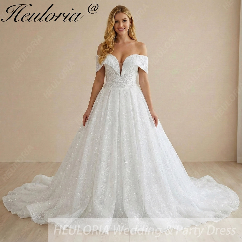HEULORIA Shimmering Floral Lace Off-the-Shoulder Ball Gown Wedding Dress with Plunging Illusion V-Neck BA-1108