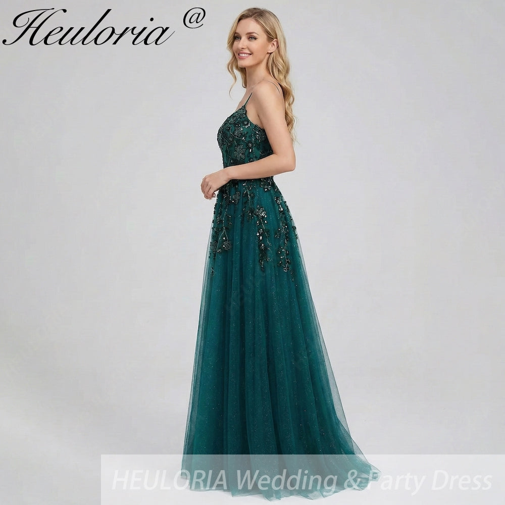 HEULORIA Elegant Dark Green Sequin Floral Prom Dress - Spaghetti Straps & Glitter Tulle A-Line Gown ED-339