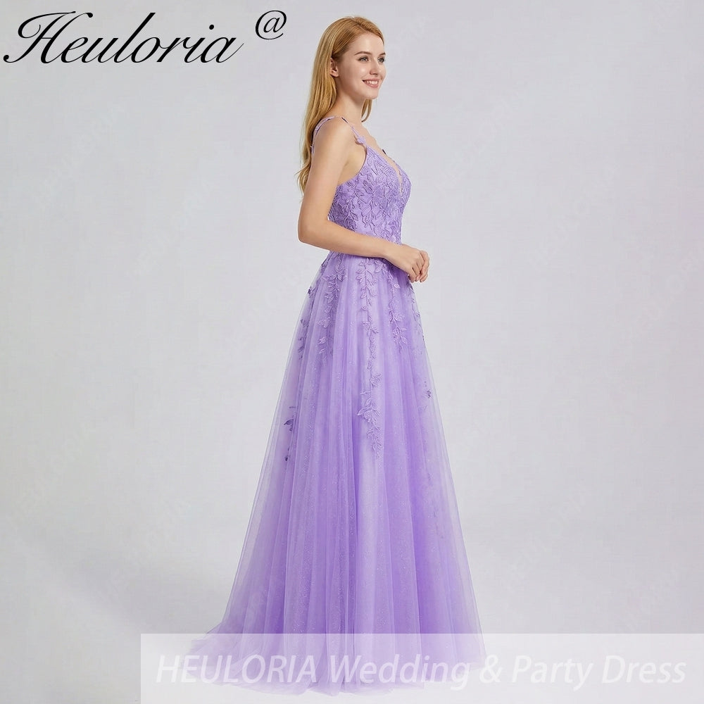 HEULORIA Sparkly Lilac V-Neck Lace Prom Dress - Leafy Embroidery Straps & Corset Back ED-372