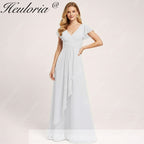 HEULORIA Long Bridemaid dress short sleeve V neck chiffon party dress formal dress ED-135