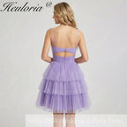 HEULORIA Lavender Tiered Tulle Cut-Out Mini Dress: Twisted Sweetheart Neckline & Spaghetti Straps ED-272