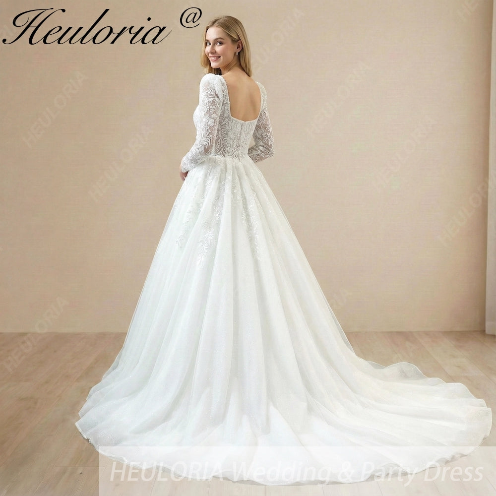 HEULORIA Elegant Square Neck Long Sleeve Lace A-Line Wedding Dress with Shimmer Tulle and Cathedral Train BA-1210 Image secondaire du produit
