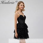 HEULORIA Sparkling Black Sequined Tiered Mini Homecoming Dress - Illusion Deep V & Spaghetti Straps ED-307
