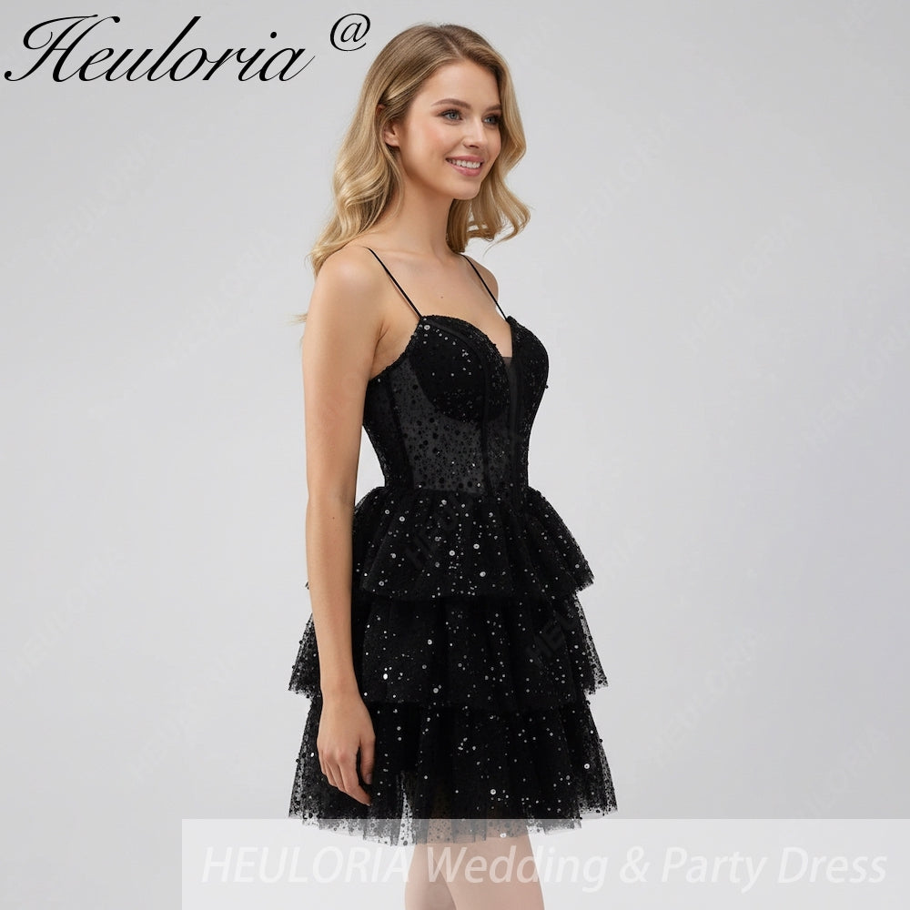 HEULORIA Sparkling Black Sequined Tiered Mini Homecoming Dress - Illusion Deep V & Spaghetti Straps ED-307