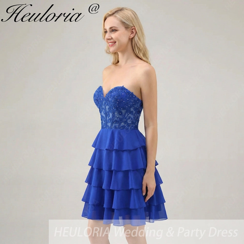 HEULORIA Sweetheart Strapless Tiered Chiffon Short Homecoming Dress with Lace Sequin Bodice ED-285