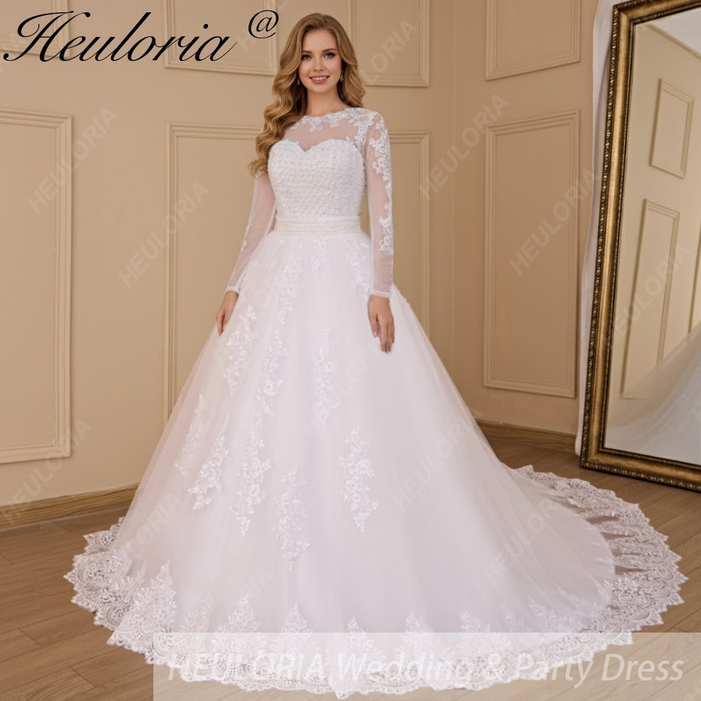 HEULORIA princess wedding dress long sleeve detachable 2 in 1 bride dress lace beading plus size robe de mariee Wedding gown BA-713 Image secondaire du produit