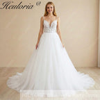 HEULORIA Sparkling Floral Lace A-Line Wedding Dress with Plunging V-Neck and Delicate Spaghetti Straps AL-1064
