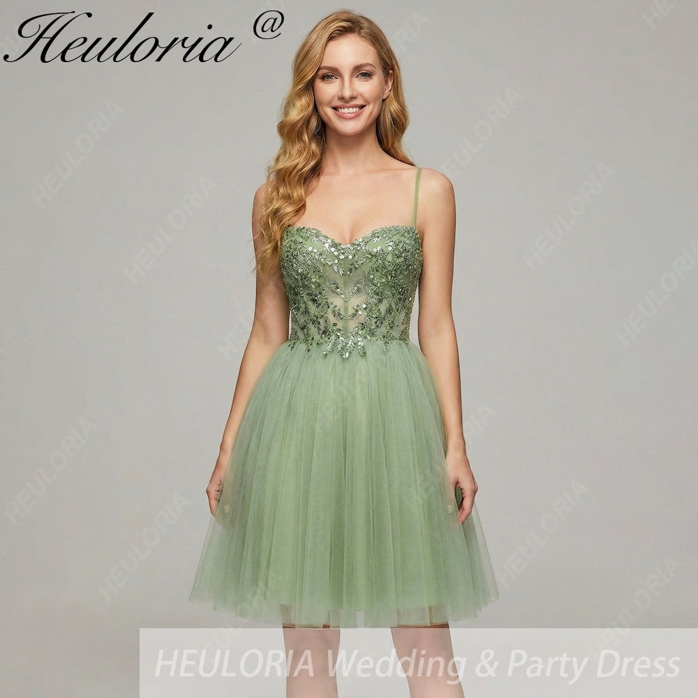 HEULORIA Sage Green Sweetheart Sequin Lace Short Homecoming Dress with Corset Back ED-299 Image principale du produit