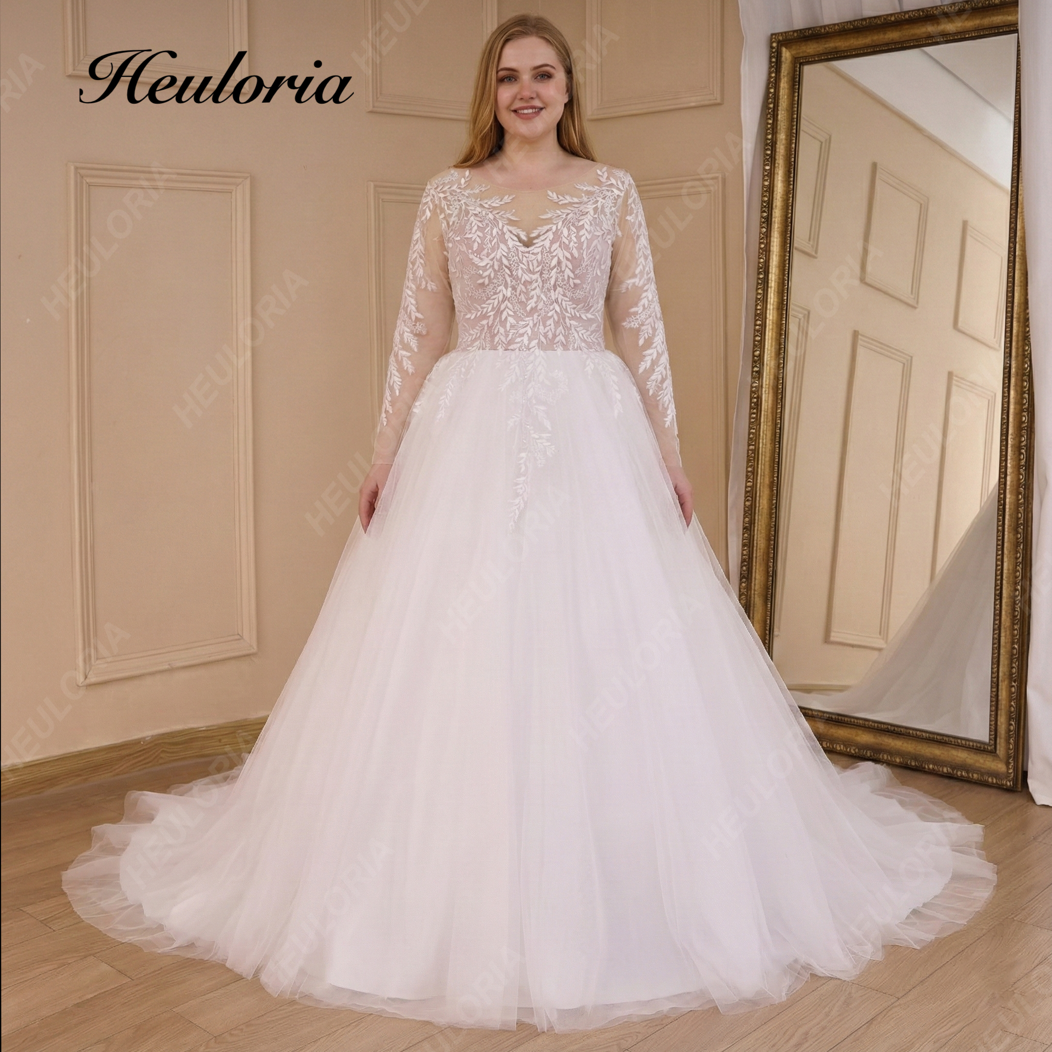 HEULORIA Elegant Leafy Lace Long Sleeve Wedding Dress - Illusion V-Neckline Ballgown with Sweep Train AL-801