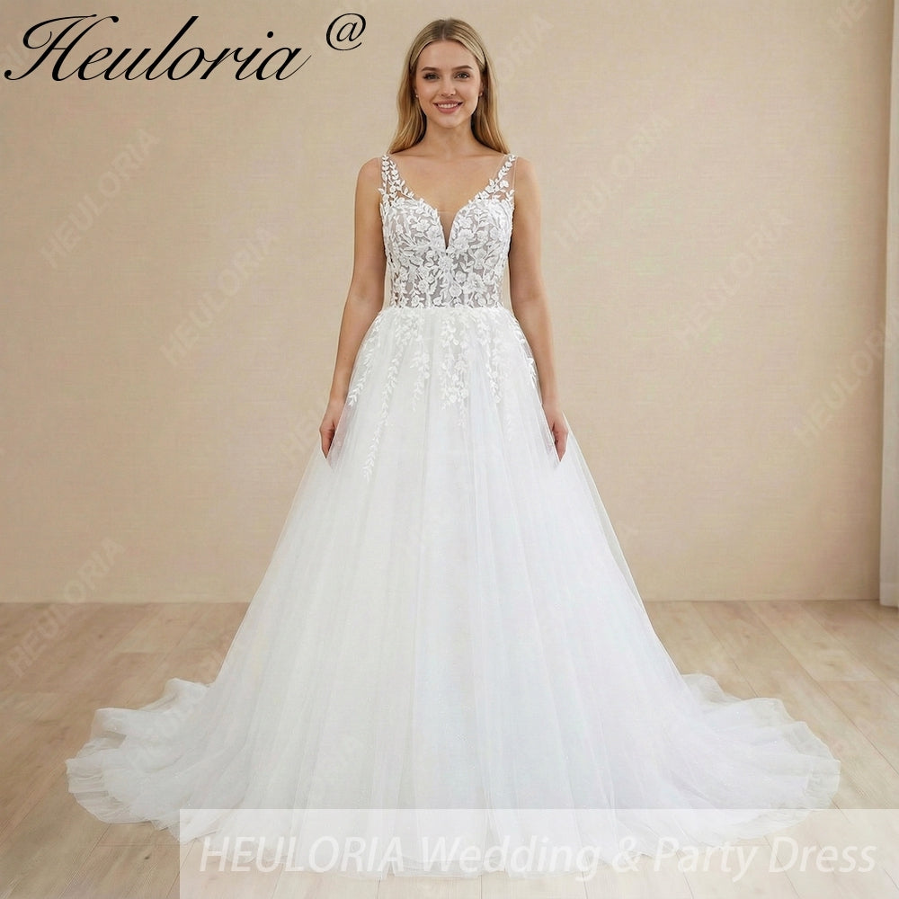 HEULORIA A line Wedding Dress V Neck Sleeveless Boho Lace Appliques Tulle Long Bridal Gowns Backless Vestidos de Novia Customized AL-1087 Main image