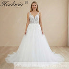 HEULORIA A line Wedding Dress V Neck Sleeveless Boho Lace Appliques Tulle Long Bridal Gowns Backless Vestidos de Novia Customized AL-1087