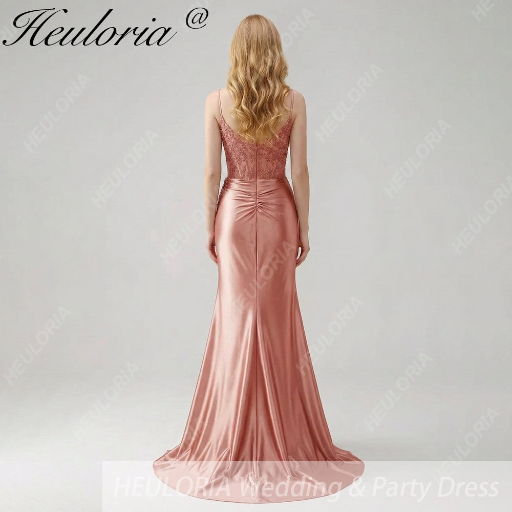 HEULORIA Sage Green Satin Mermaid Evening Dress with Lace Corset Bodice & High Slit ED-212