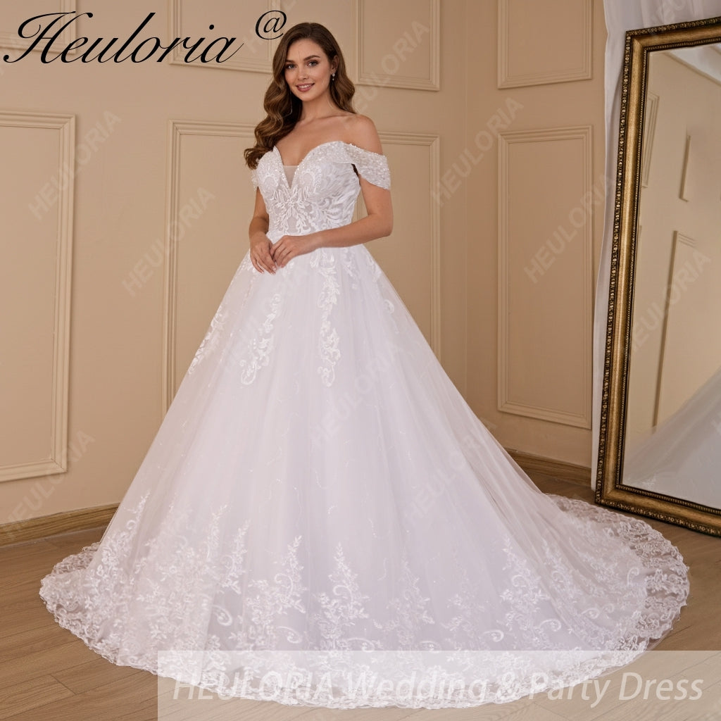 HEULORIA  Ball-Gown/Princess Off the Shoulder Court Train Tulle Lace Wedding Dress BA-716