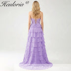 HEULORIA Strapless Sweetheart Lace Bodice Tiered Ruffle Chiffon Prom Gown - Available in Multiple Colors evening dresses ED-235