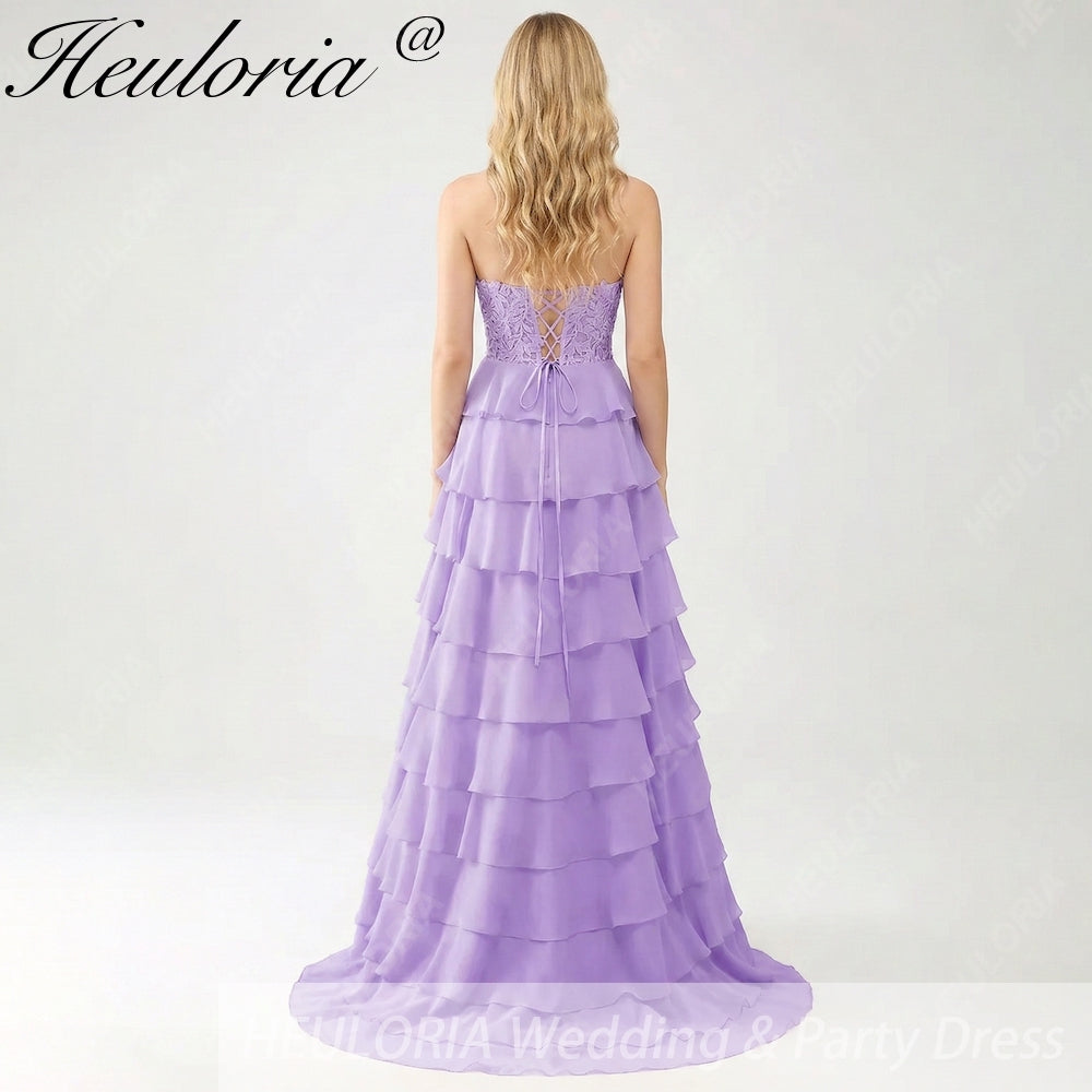 HEULORIA Strapless Sweetheart Lace Bodice Tiered Ruffle Chiffon Prom Gown - Available in Multiple Colors evening dresses ED-235