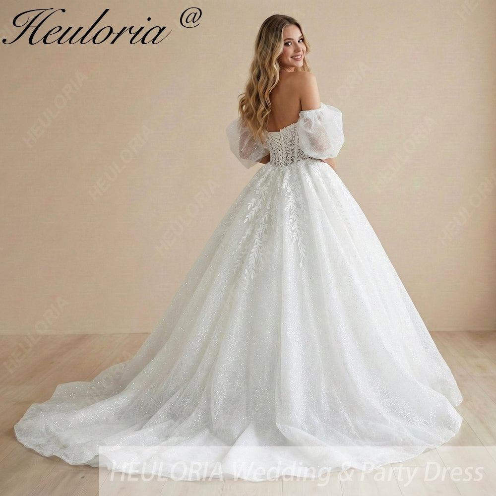 HEULORIA Sparkly Off-the-Shoulder Puff Sleeve Wedding Dress – Shimmering Lace Sweetheart Ball Gown BA-1076 Immagine secondaria del prodotto