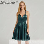 HEULORIA Peacock Green Shimmering Deep V-Neck Mini Dress: Illusion Mesh & Lace-Up Back A-Line Prom Gown ED-327