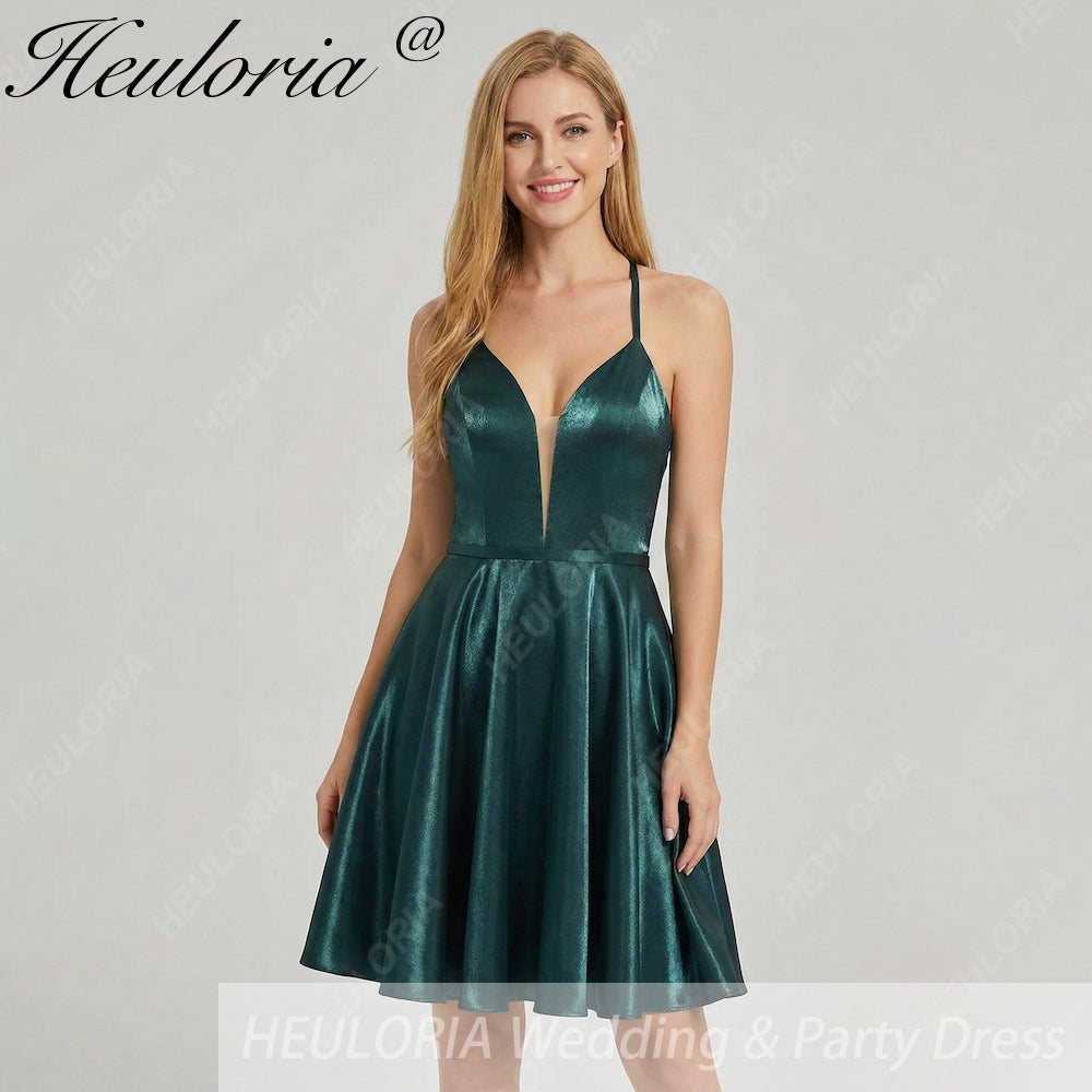 HEULORIA Peacock Green Shimmering Deep V-Neck Mini Dress: Illusion Mesh & Lace-Up Back A-Line Prom Gown ED-327