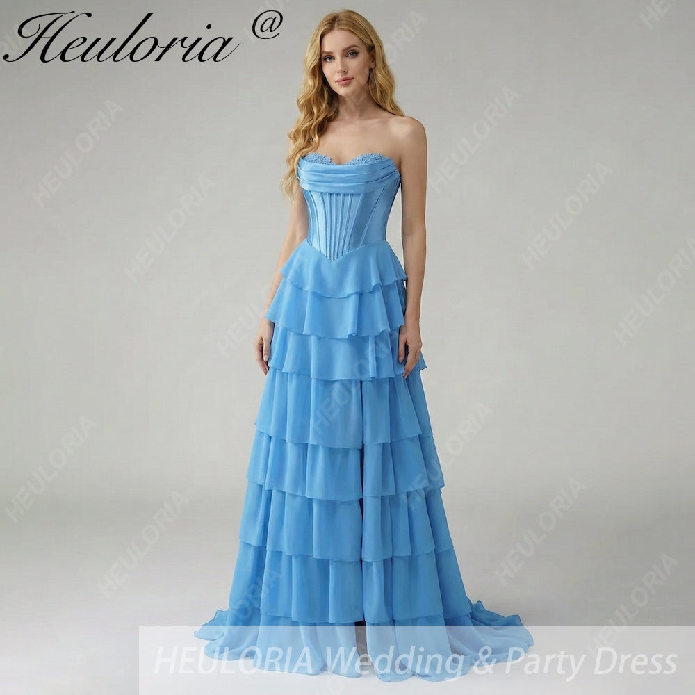 HEULORIA Strapless Corset Bodice Tiered Ruffle Evening Gown - Multi-Color prom dress ED-236