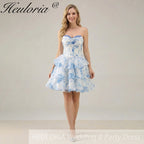 HEULORIA Strapless Sweetheart Floral Corset Mini Dress with Tiered Ruffle Skirt ED-280