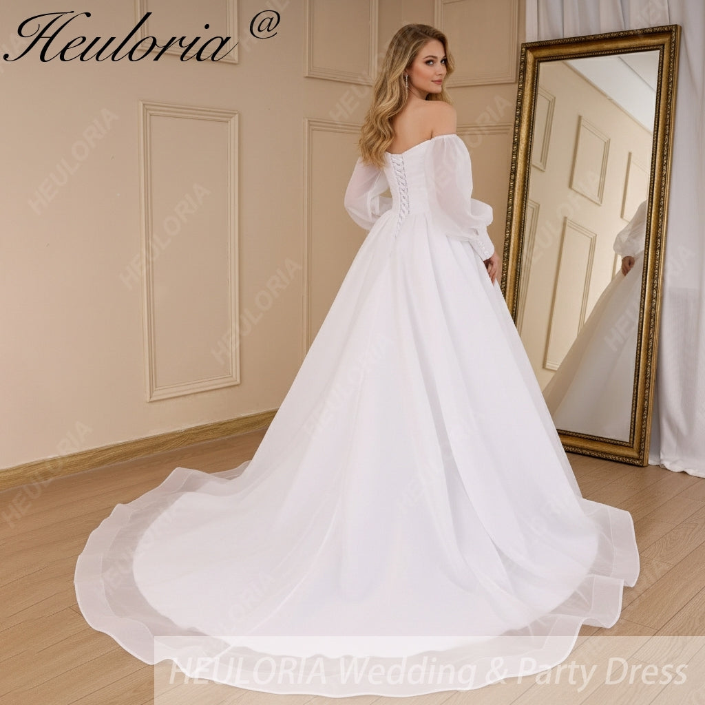 HEULORIA elegant A line wedding dress long sleeve off shoulder organza bride dress Robe De Mariee Wedding Bride Dress long train AL-821