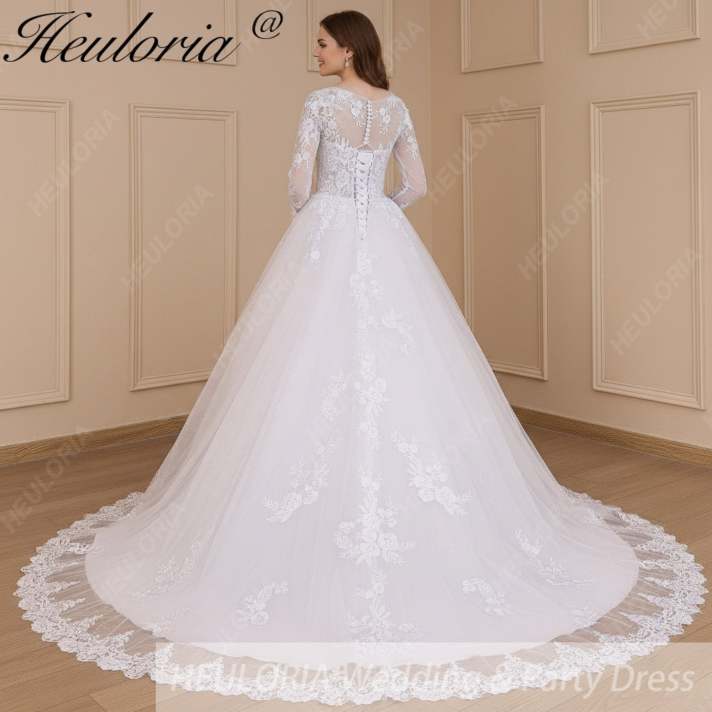 HEULORIA Princess Ball Gown Wedding Dress long sleeve bride dress o neck plus size robe de mariee Lace beading Wedding Bridal Gown BA-644