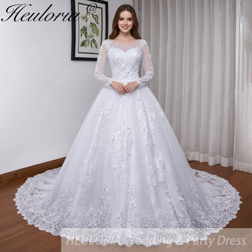 HEULORIA Princess Wedding Dress long sleeve bride dress plus size robe de mariee Lace beading shinny skirt Wedding Bridal Gown BA-530