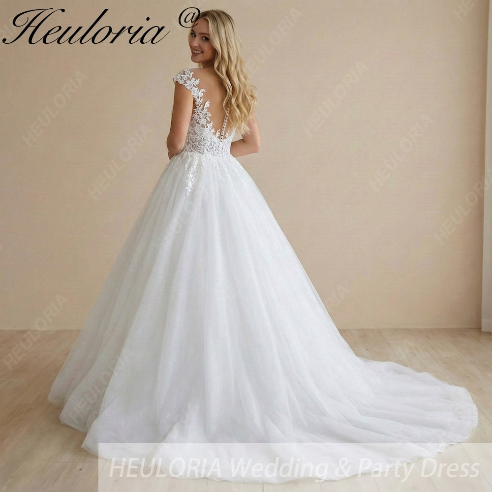 HEULORIA Ethereal Lace Appliqué Ball Gown: Illusion V-Neck & Scalloped Cap Sleeves BA-1090