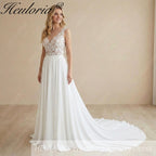 Heuloria Bohemian Illusion Lace V-Neck A-Line Wedding Dress with Chiffon Skirt and Court Train AL-994