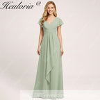 HEULORIA Long Bridemaid dress short sleeve V neck chiffon party dress formal dress ED-135