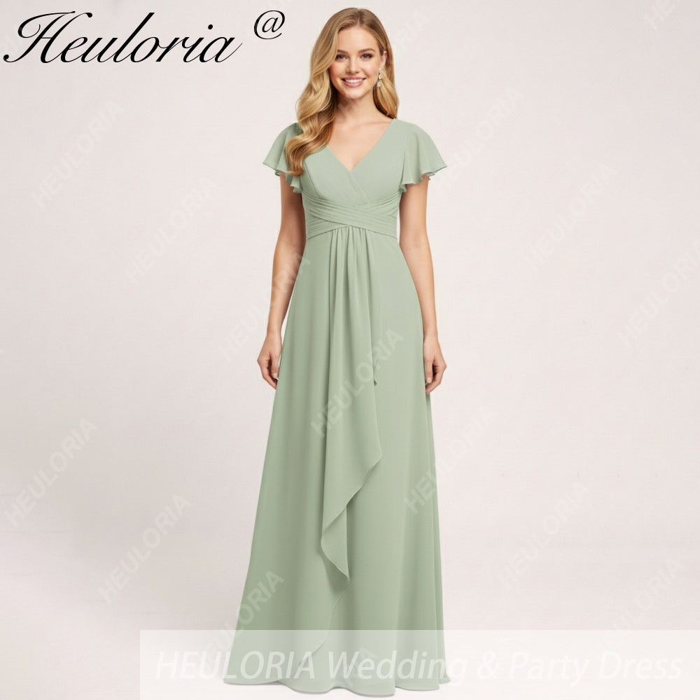 HEULORIA Long Bridemaid dress short sleeve V neck chiffon party dress formal dress ED-135