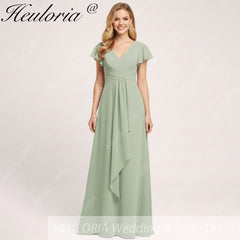 HEULORIA Long Bridemaid dress short sleeve V neck chiffon party dress formal dress ED-135