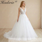 Heuloria Leafy Floral Lace V-Neck Wedding Dress: Shimmering Glitter Tulle A-Line Gown with Corset Back AL-970