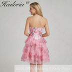 HEULORIA Strapless Sweetheart Floral Corset Mini Dress with Tiered Ruffle Skirt ED-280