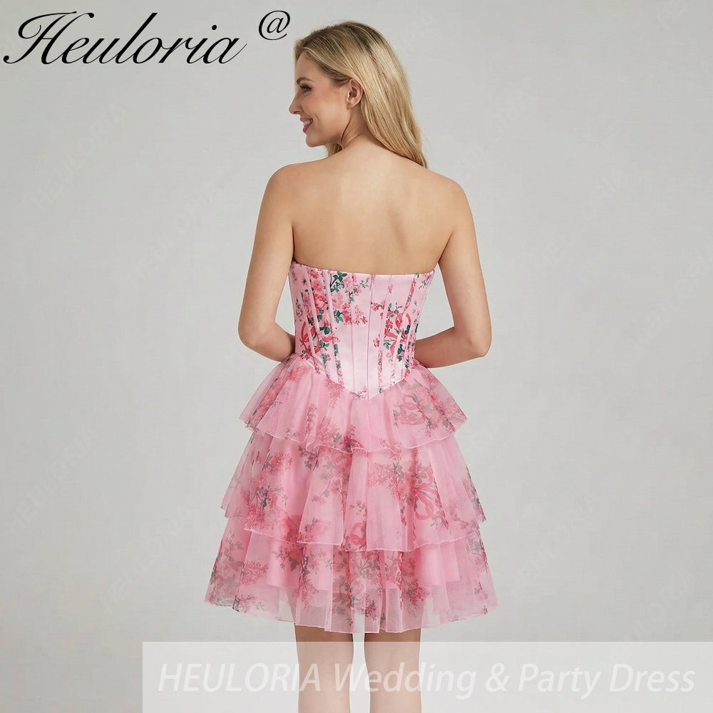 HEULORIA Strapless Sweetheart Floral Corset Mini Dress with Tiered Ruffle Skirt ED-280