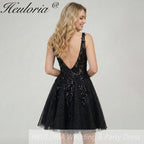 HEULORIA Sparkling V-Neck Sequined Lace Homecoming Dress - Sleeveless A-Line Short Party Gown ED-281