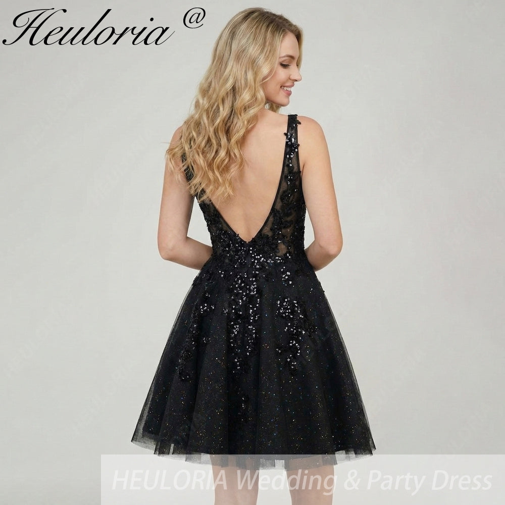 HEULORIA Sparkling V-Neck Sequined Lace Homecoming Dress - Sleeveless A-Line Short Party Gown ED-281