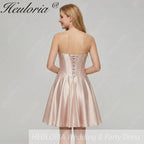 HEULORIA Champagne Satin Strapless Short Prom Dress - Twisted Sweetheart & Corset Back ED-329