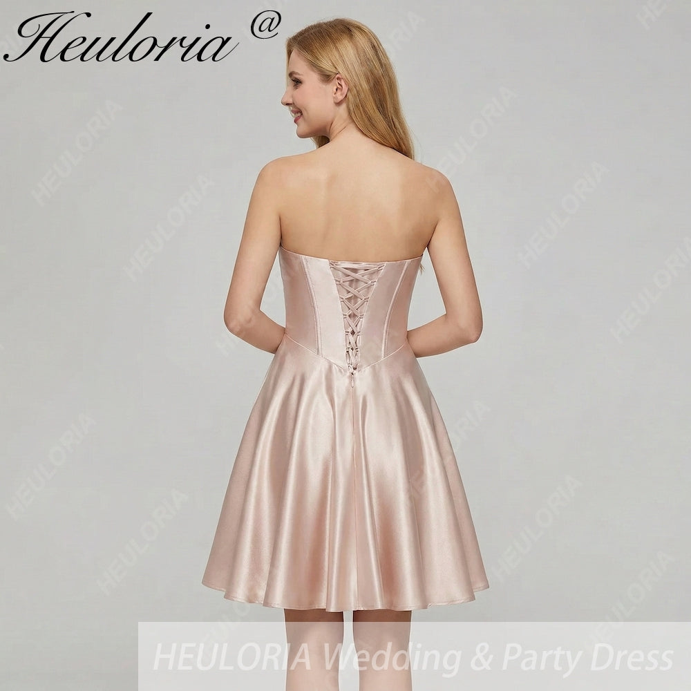 HEULORIA Champagne Satin Strapless Short Prom Dress - Twisted Sweetheart & Corset Back ED-329