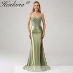 HEULORIA Sage Green Beaded Corset Satin Prom Dress with High Slit and Lace-Up Back ED-217