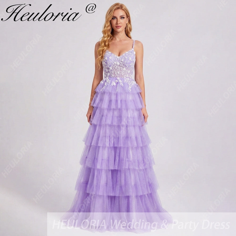 HEULORIA Enchanting Lavender Tiered Tulle Prom Dress - Floral Lace Bodice & Lace-Up Back ED-225