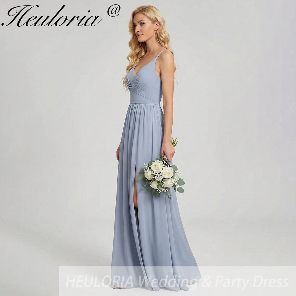 HEULORIA Dusty Blue V-Neck Chiffon Bridesmaid Dress with Twisted Straps and Side Slit ED-259