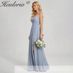 HEULORIA Dusty Blue V-Neck Chiffon Bridesmaid Dress with Twisted Straps and Side Slit ED-259